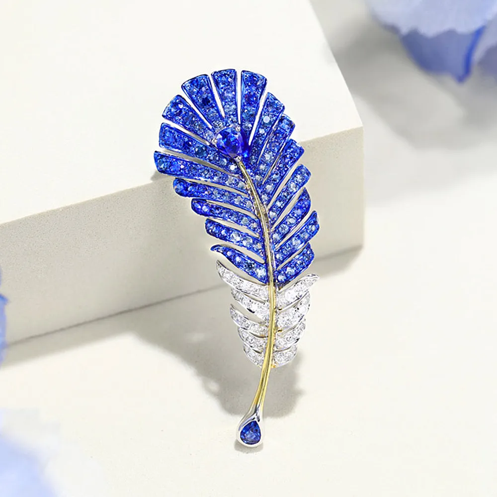 Sapphire Diamond Feather Shaped Brooch Pendant