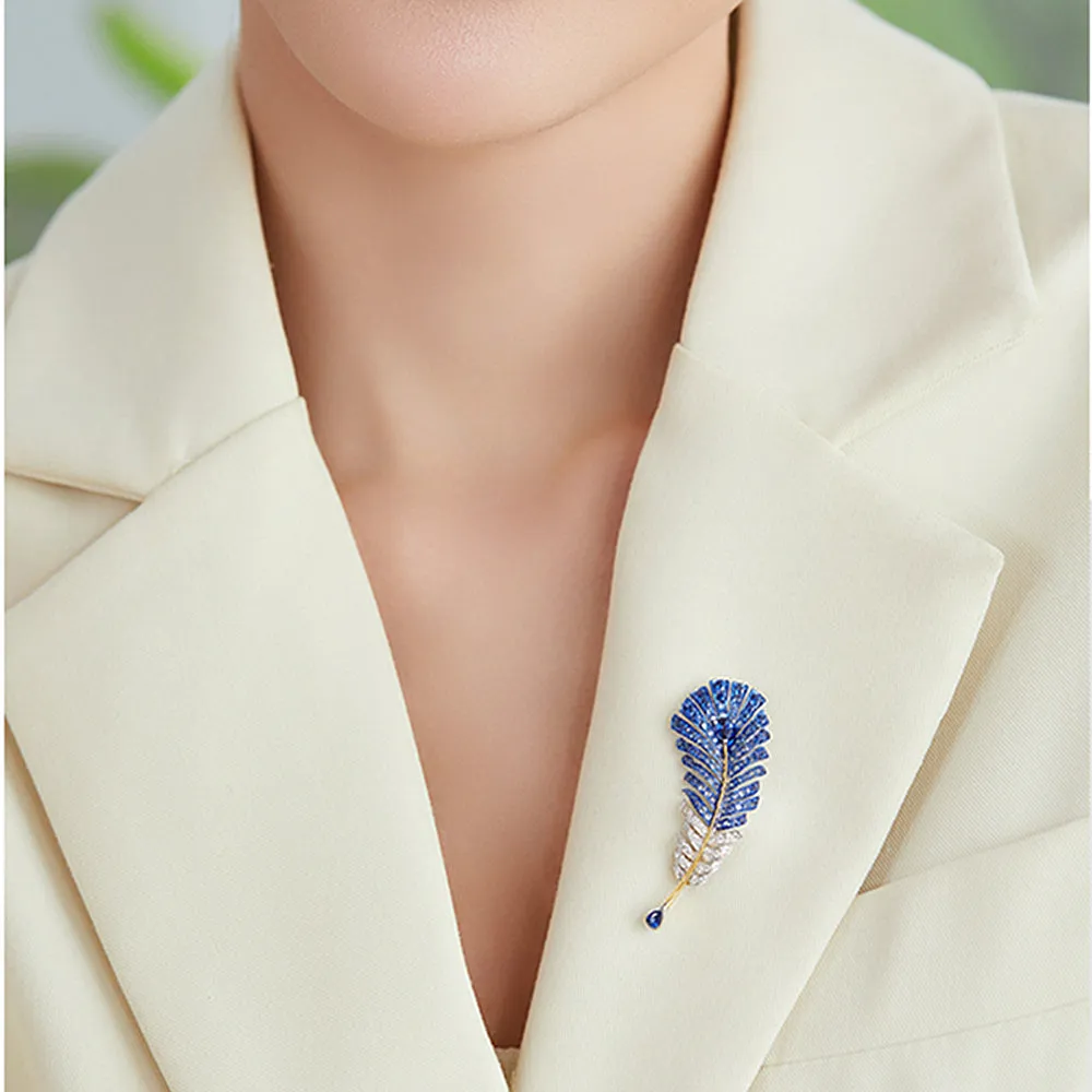 Sapphire Diamond Feather Shaped Brooch Pendant