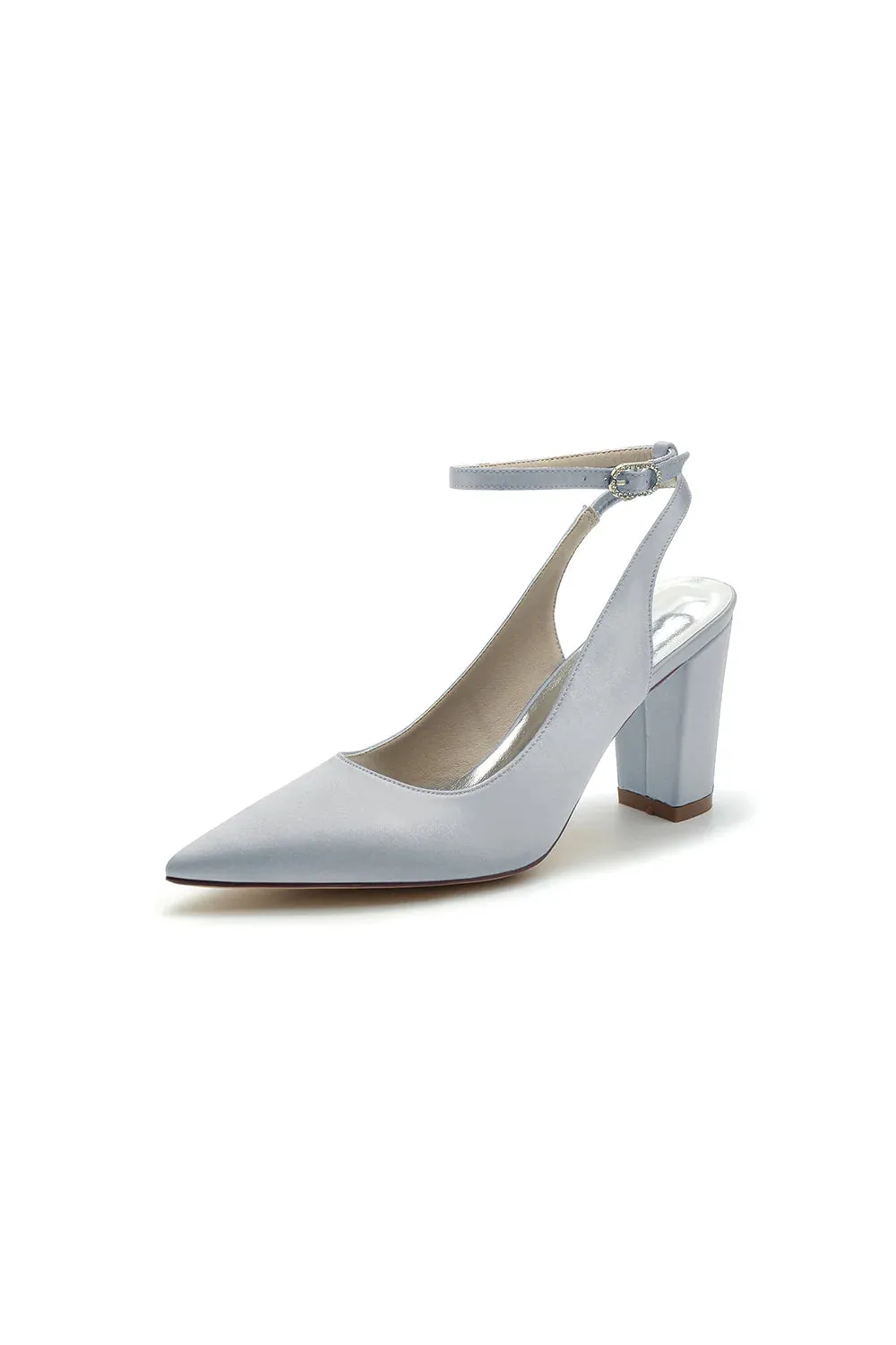 Satin Pointed Toe Ankle Strap Chunky Heels