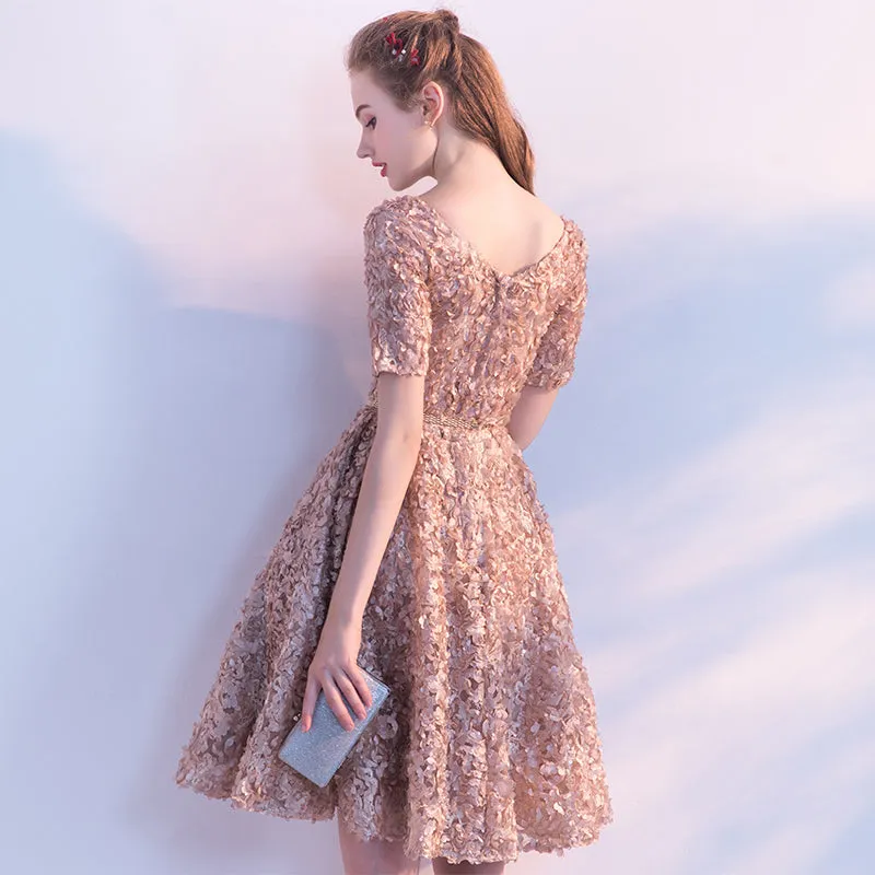 Scoop Short Sleeve Cute Homecoming Dress with Belt Beautiful Flower Short Prom Party Dress HTB4512