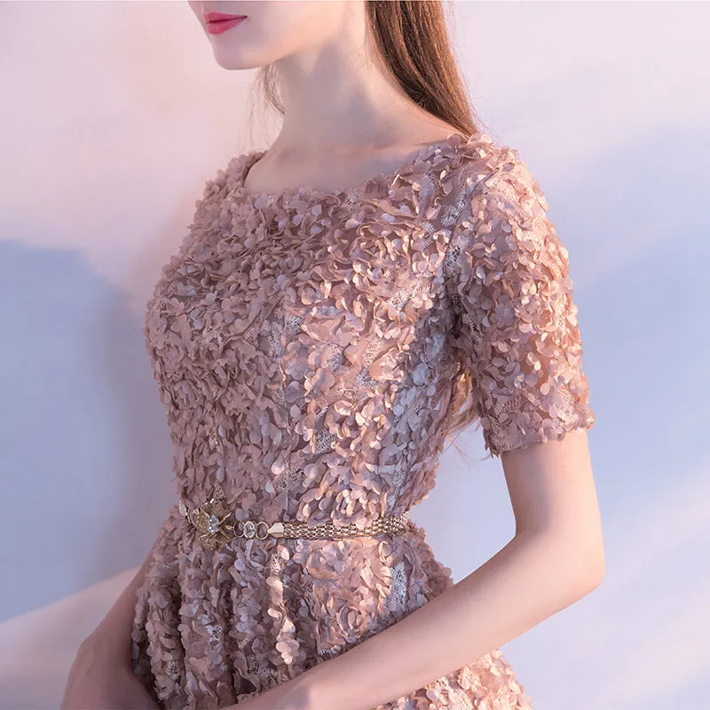 Scoop Short Sleeve Cute Homecoming Dress with Belt Beautiful Flower Short Prom Party Dress HTB4512