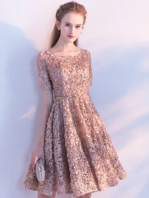 Scoop Short Sleeve Cute Homecoming Dress with Belt Beautiful Flower Short Prom Party Dress HTB4512