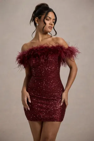 Sequin Feather Trim Mini Dress | Off-Shoulder Glam | Dazzling & Chic