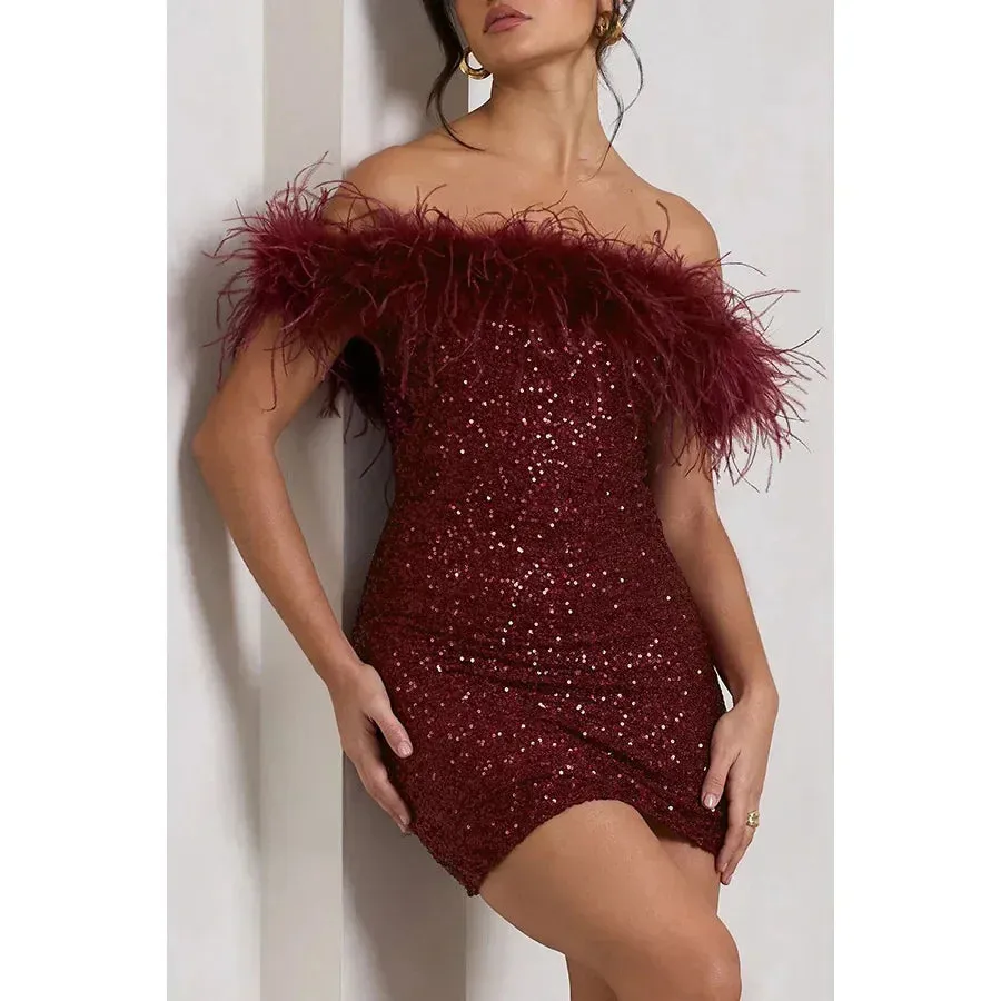Sequin Feather Trim Mini Dress | Off-Shoulder Glam | Dazzling & Chic