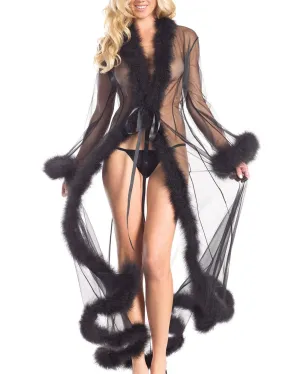 So Xxtra Feather Trim Sheer Long Robe