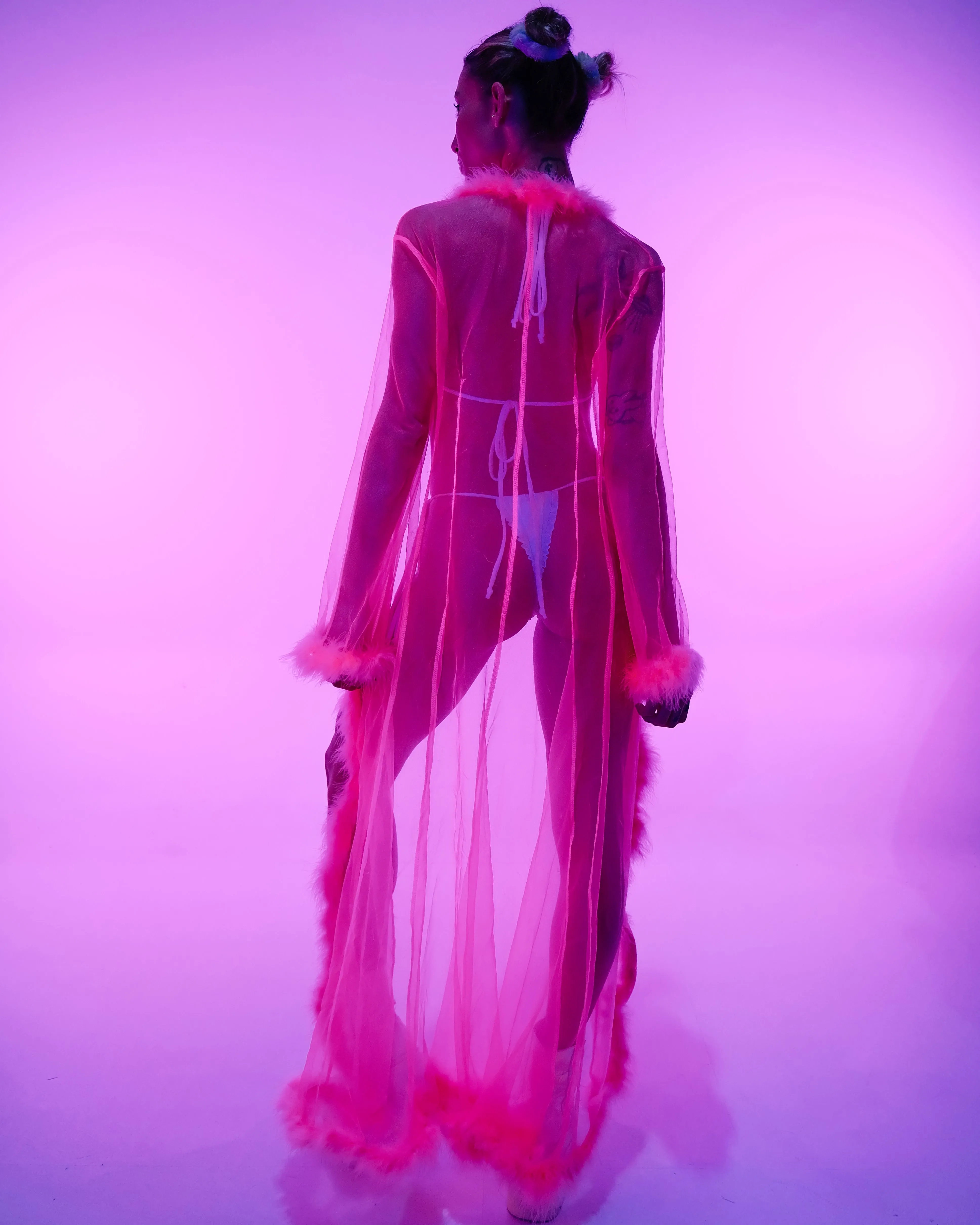 So Xxtra Feather Trim Sheer Long Robe
