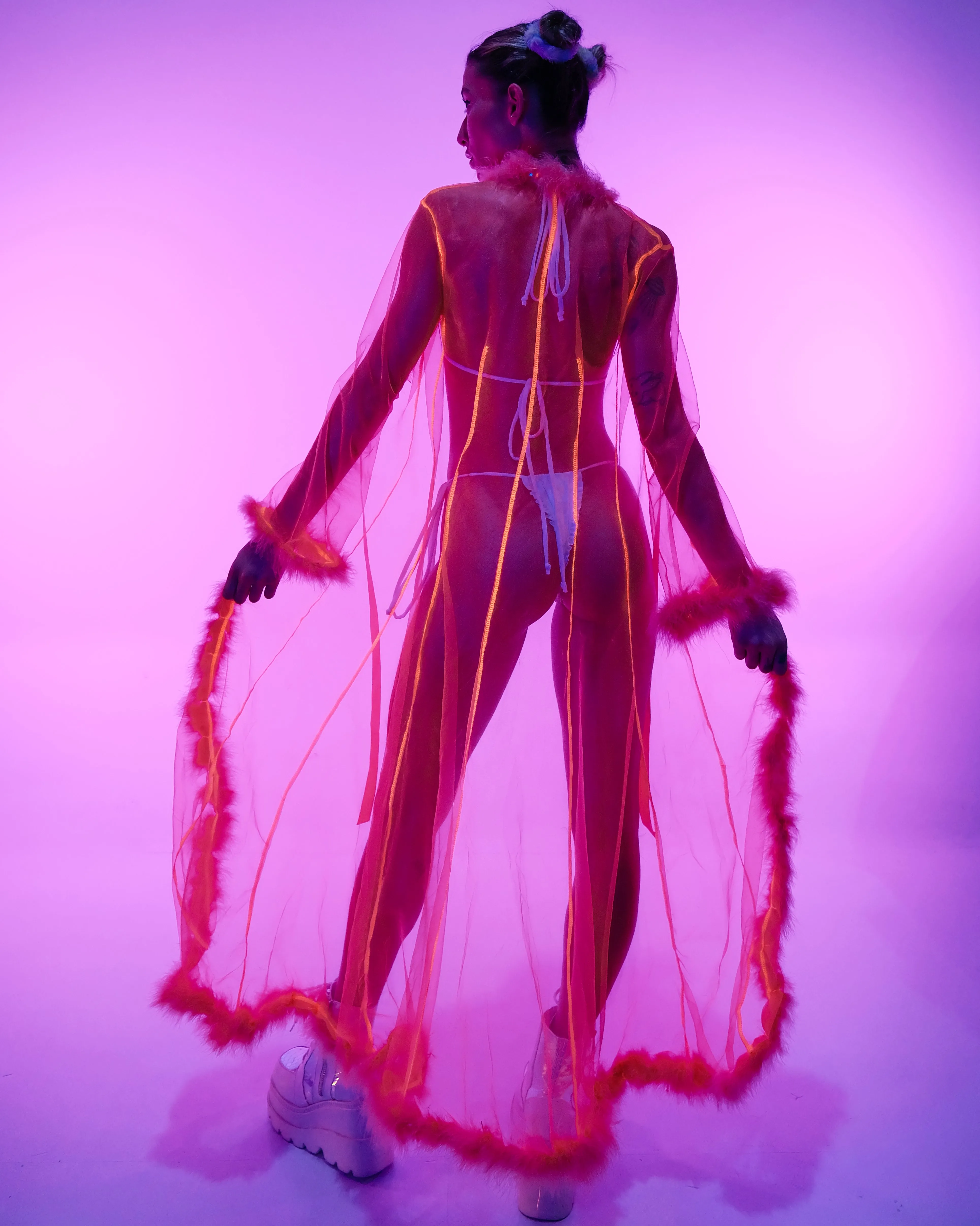 So Xxtra Feather Trim Sheer Long Robe