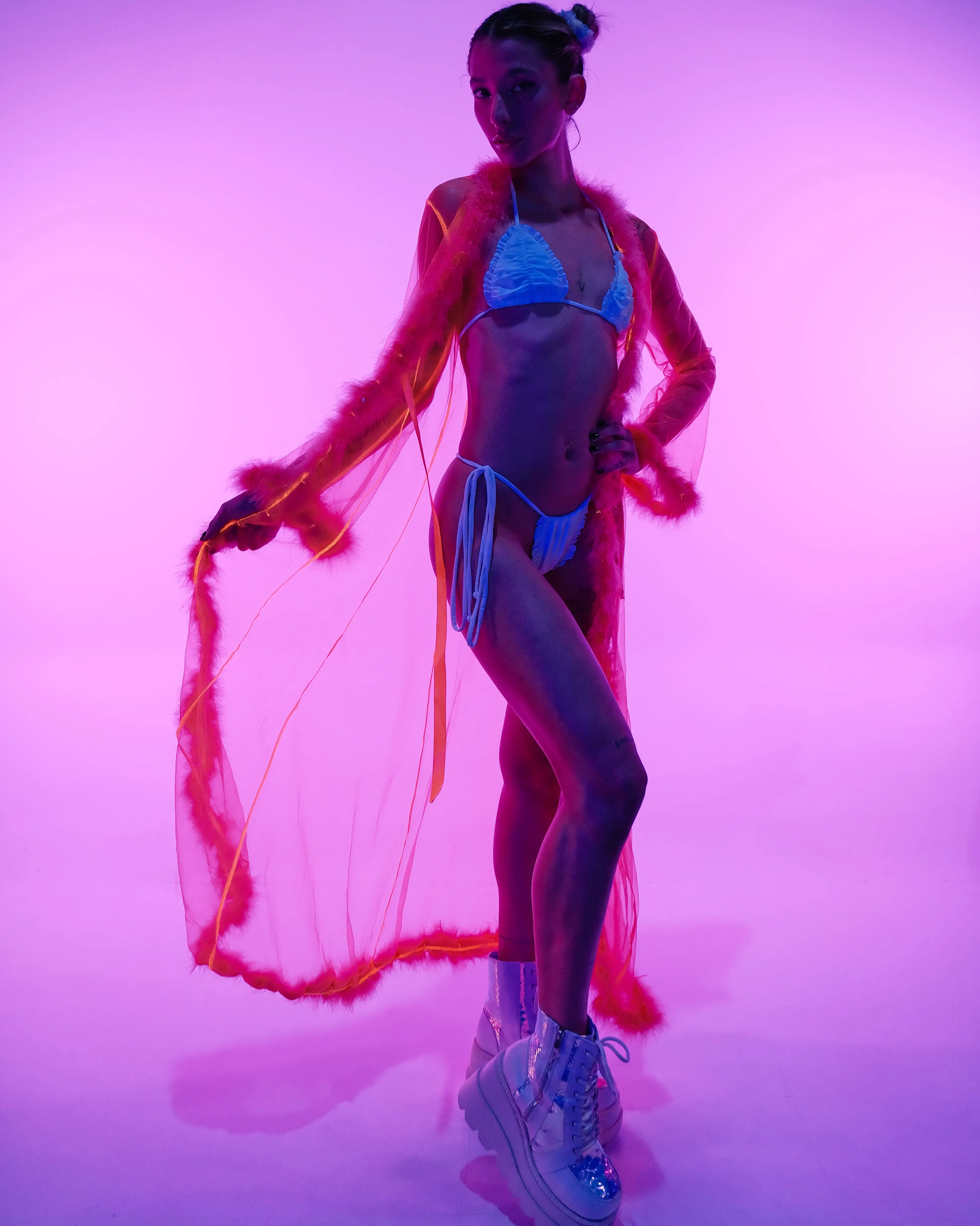 So Xxtra Feather Trim Sheer Long Robe