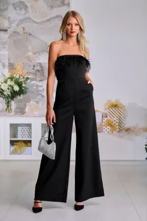 Strapless Faux-Feather Wide-Leg Jumpsuit Black