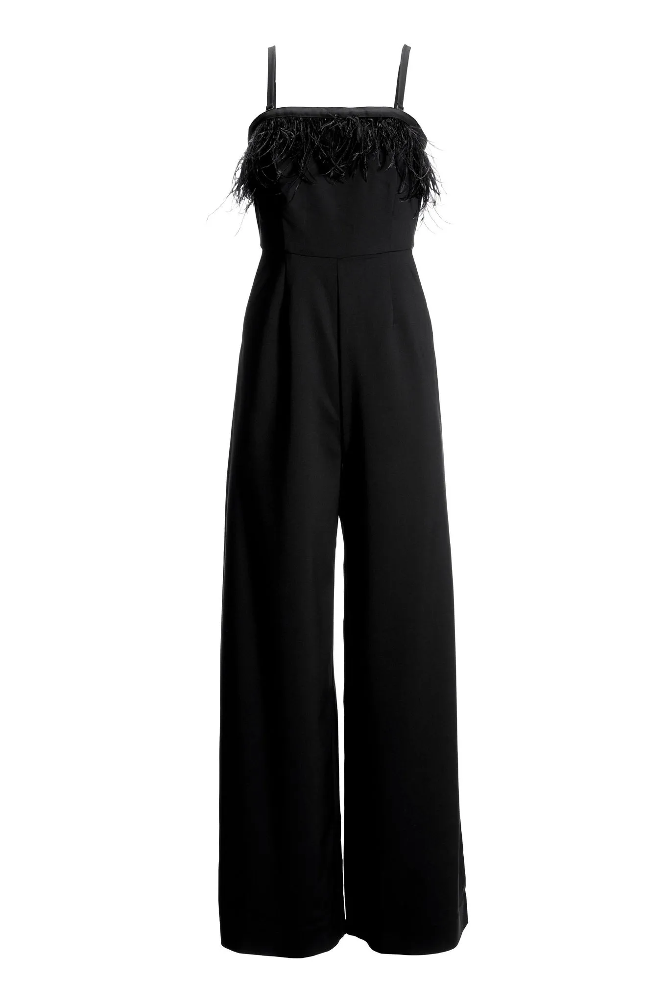 Strapless Faux-Feather Wide-Leg Jumpsuit Black