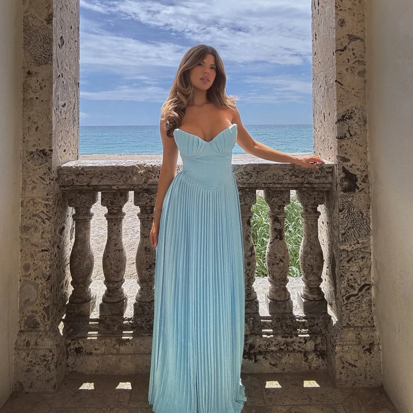 Strapless Pleated Maxi Dress