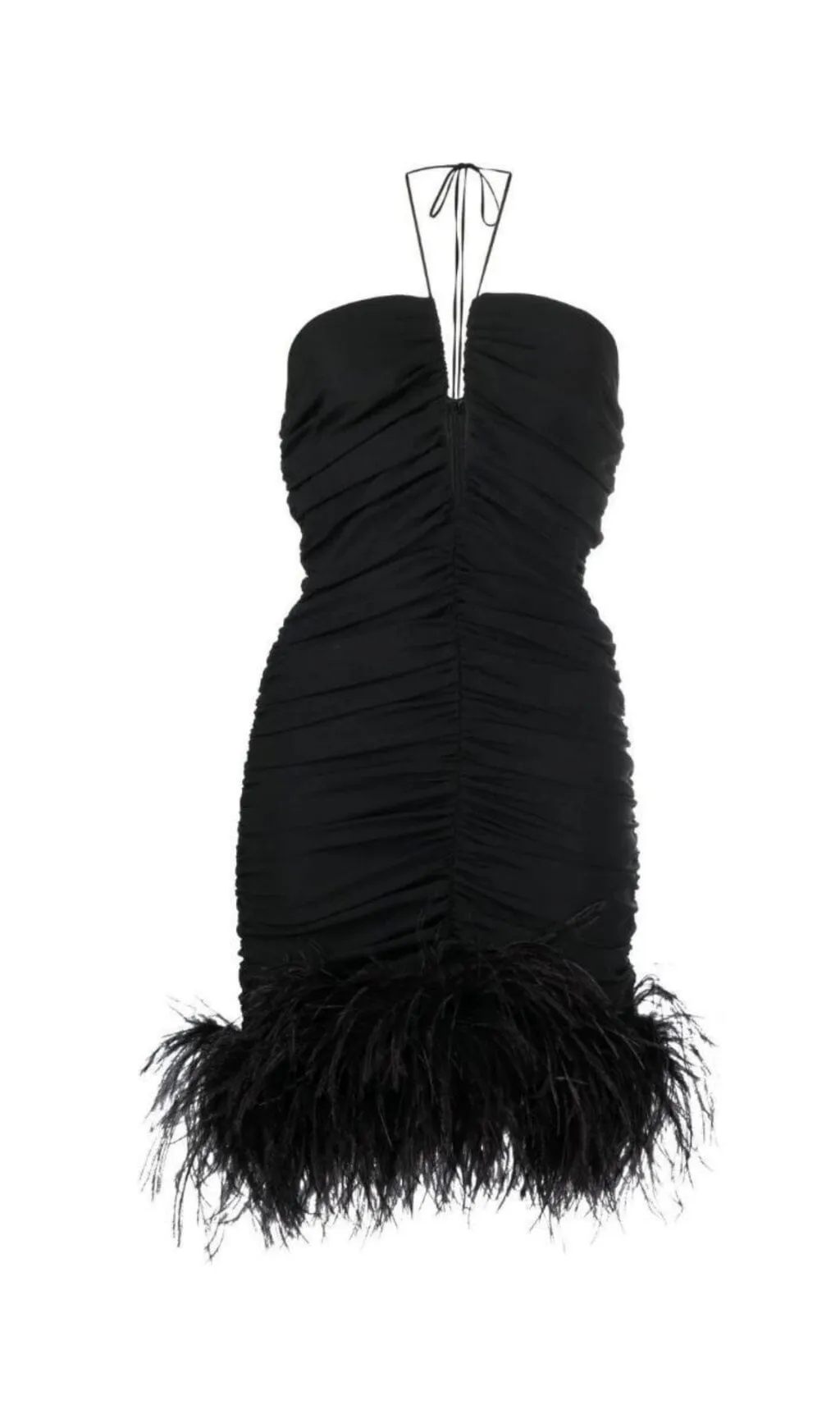 Stretch Off-Shoulder Feather Mini Dress in Black