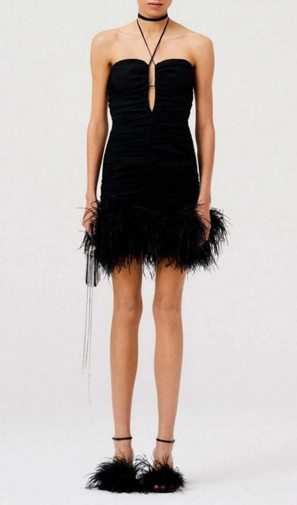 Stretch Off-Shoulder Feather Mini Dress in Black