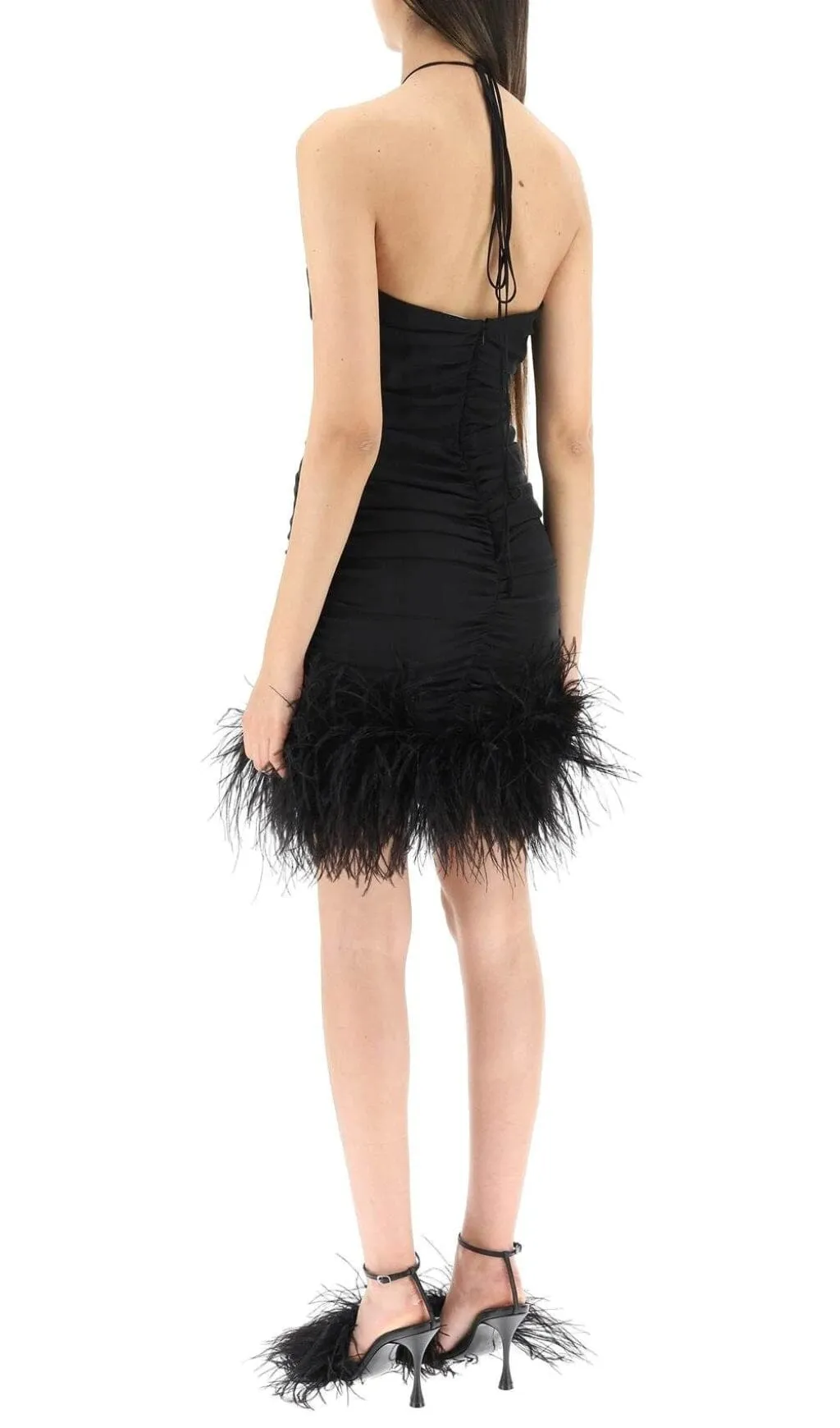 Stretch Off-Shoulder Feather Mini Dress in Black