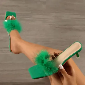 Summer Fashion Green Fur Feather PVC Transparent Sandals Shoes