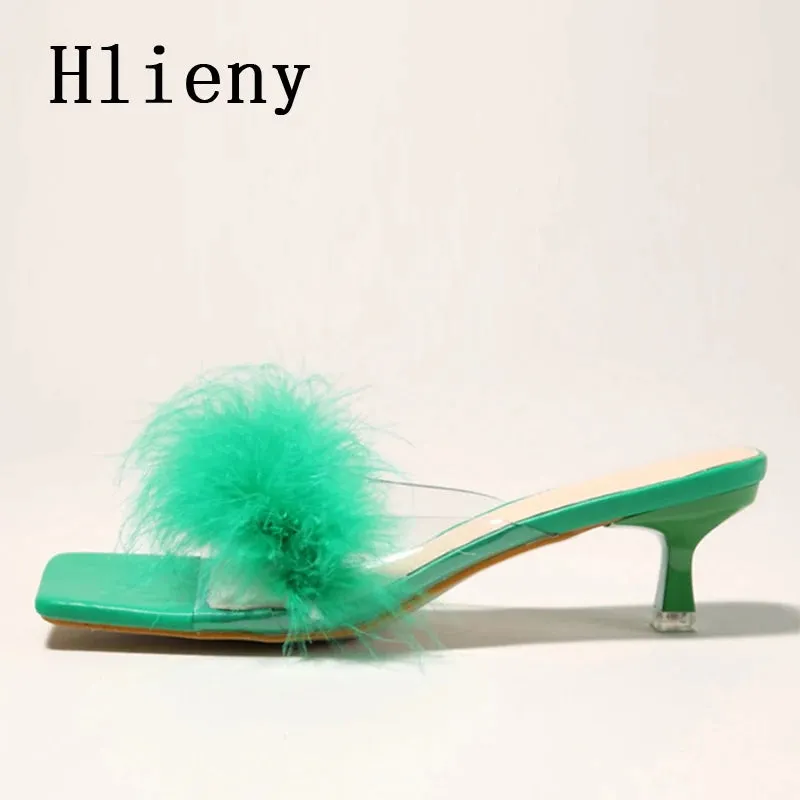Summer Fashion Green Fur Feather PVC Transparent Sandals Shoes