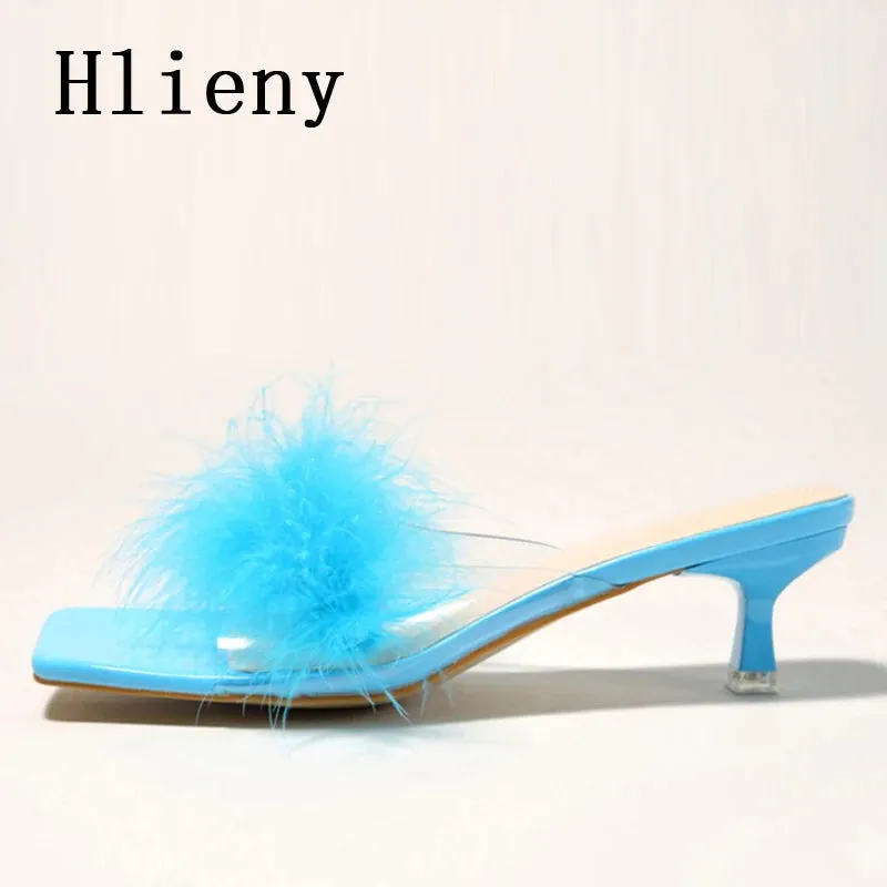 Summer Fashion Green Fur Feather PVC Transparent Sandals Shoes