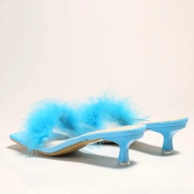 Summer Fashion Green Fur Feather PVC Transparent Sandals Shoes