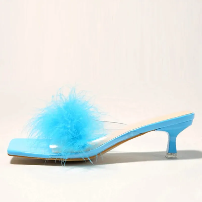 Summer Fashion Green Fur Feather PVC Transparent Sandals Shoes