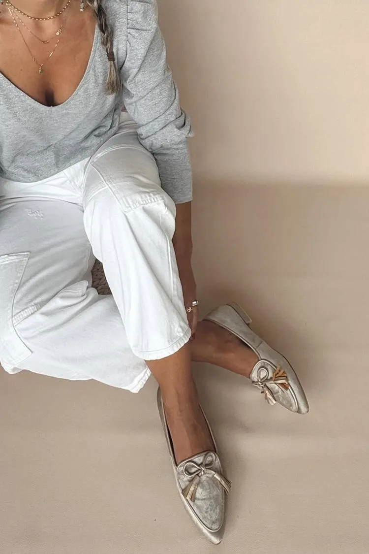 Tassels Decor Pointed Toe Light Gold Loafers [Pre Order]