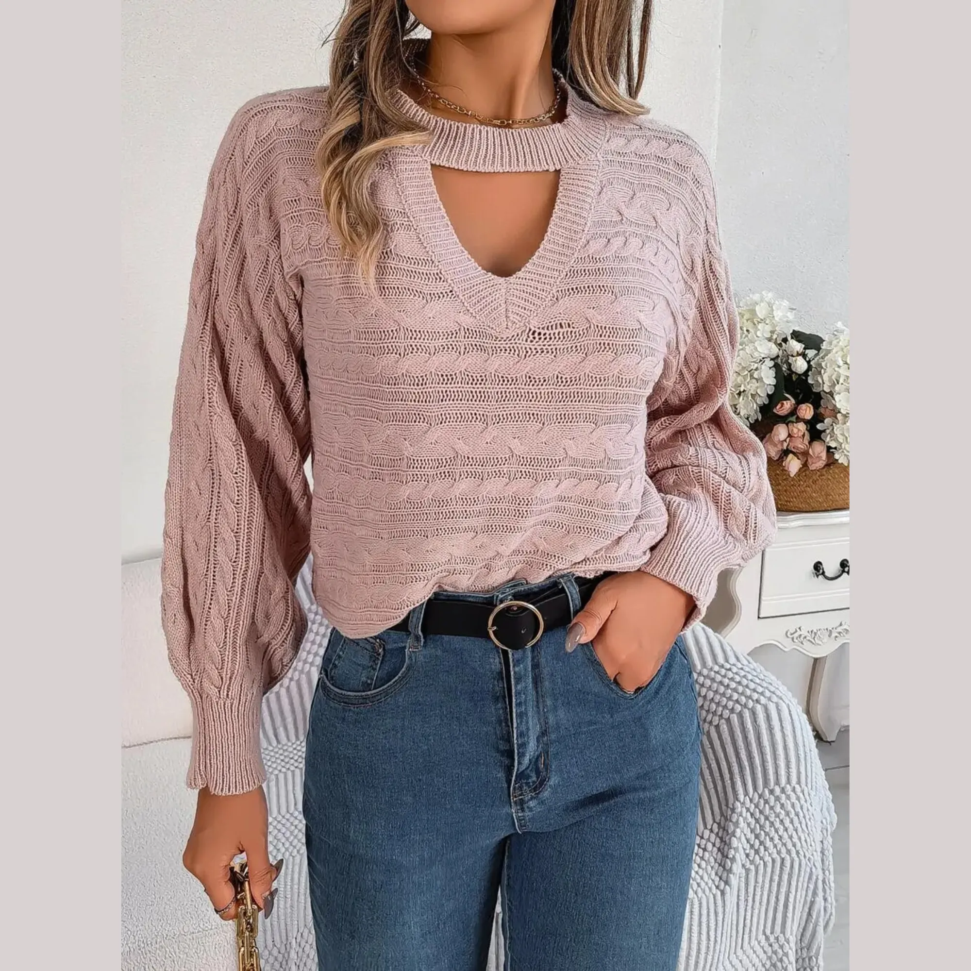 Tina - Pink Twist Knit Cutout Sweater Top