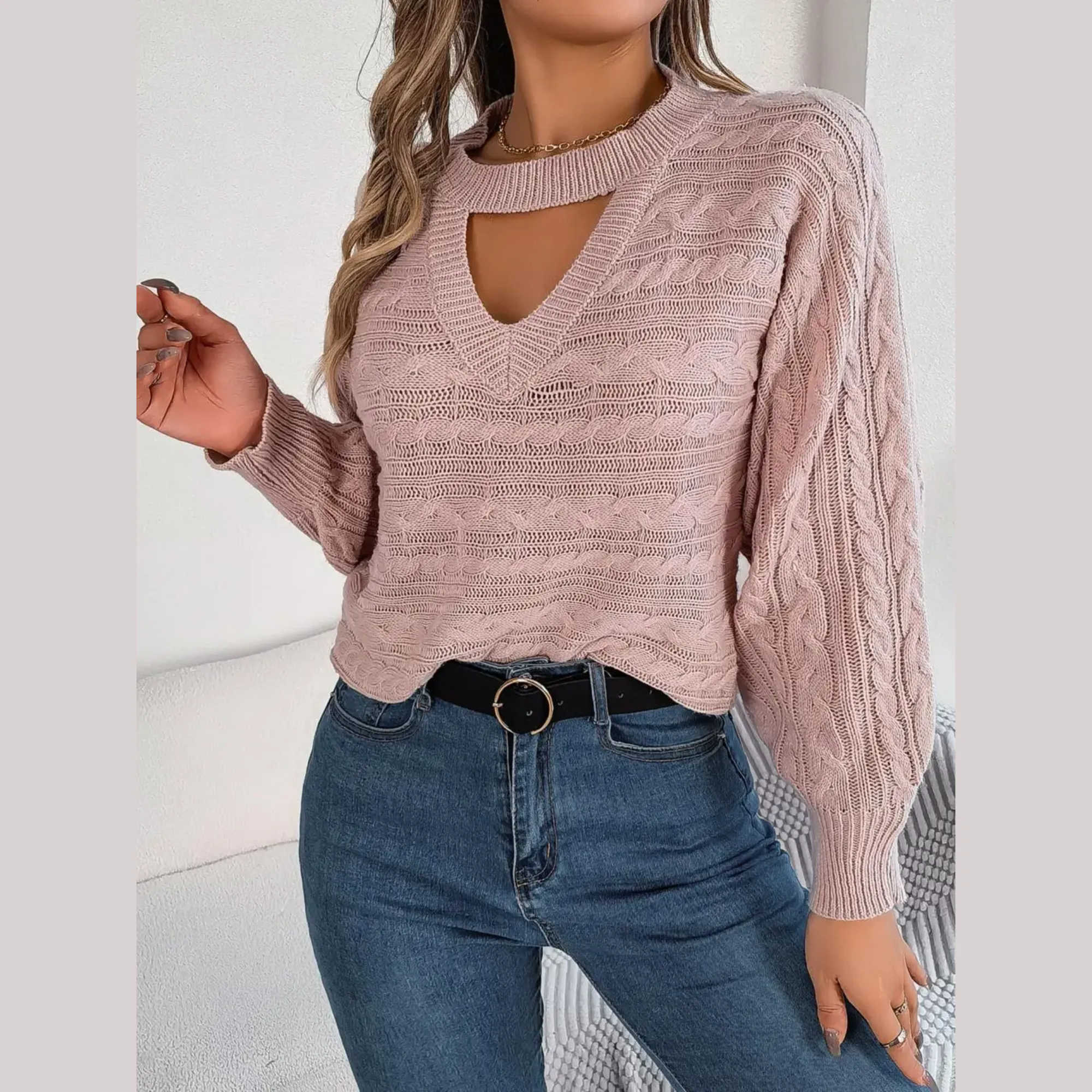 Tina - Pink Twist Knit Cutout Sweater Top
