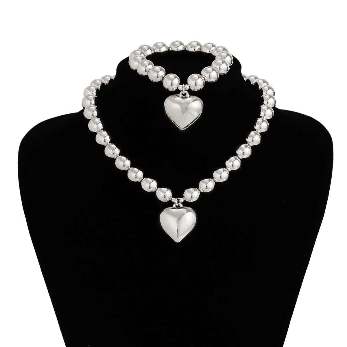 Trendy Heart Pendant Ball Chain Bracelet Necklace Set