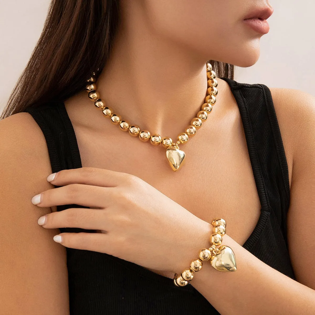 Trendy Heart Pendant Ball Chain Bracelet Necklace Set
