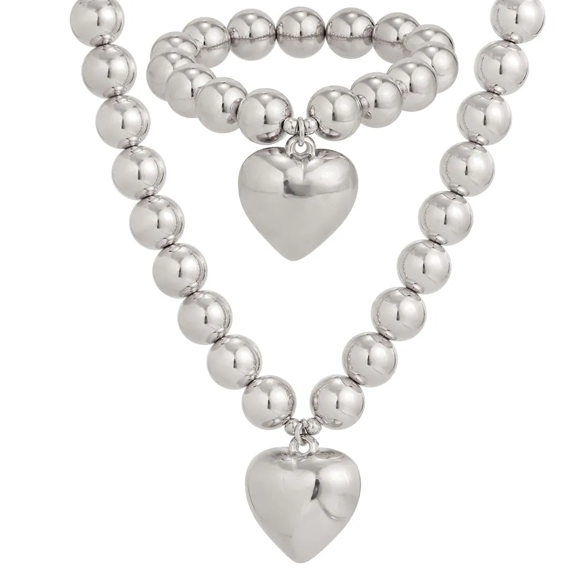 Trendy Heart Pendant Ball Chain Bracelet Necklace Set