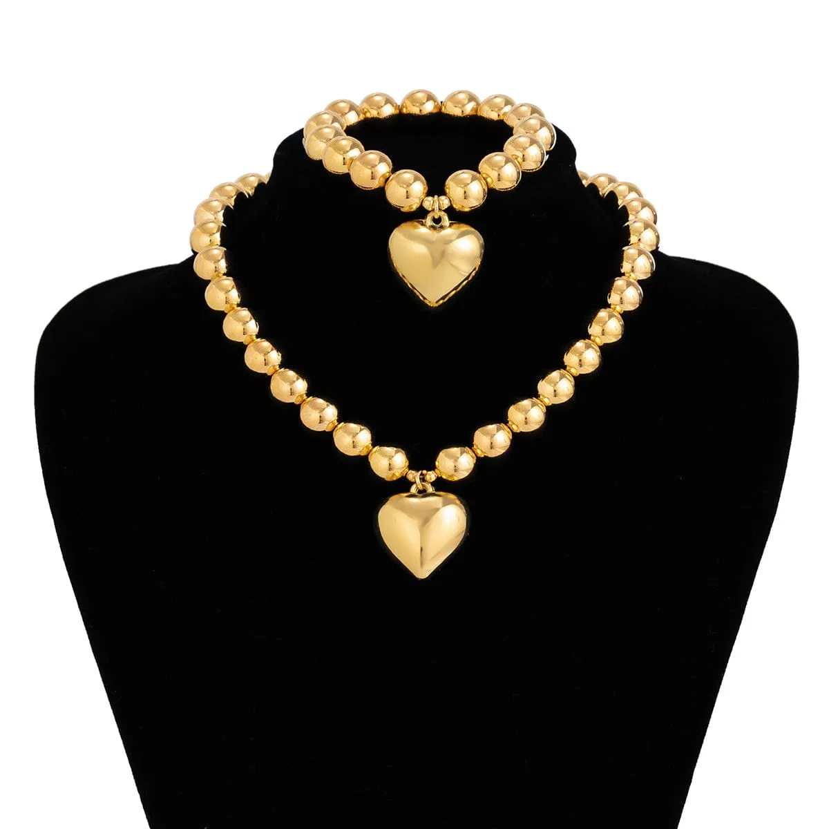 Trendy Heart Pendant Ball Chain Bracelet Necklace Set