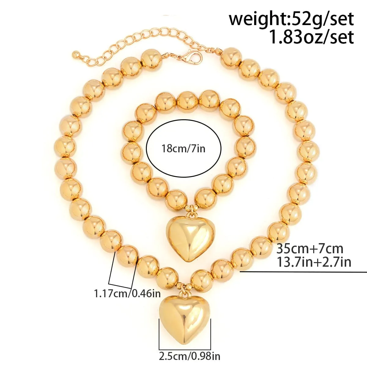Trendy Heart Pendant Ball Chain Bracelet Necklace Set