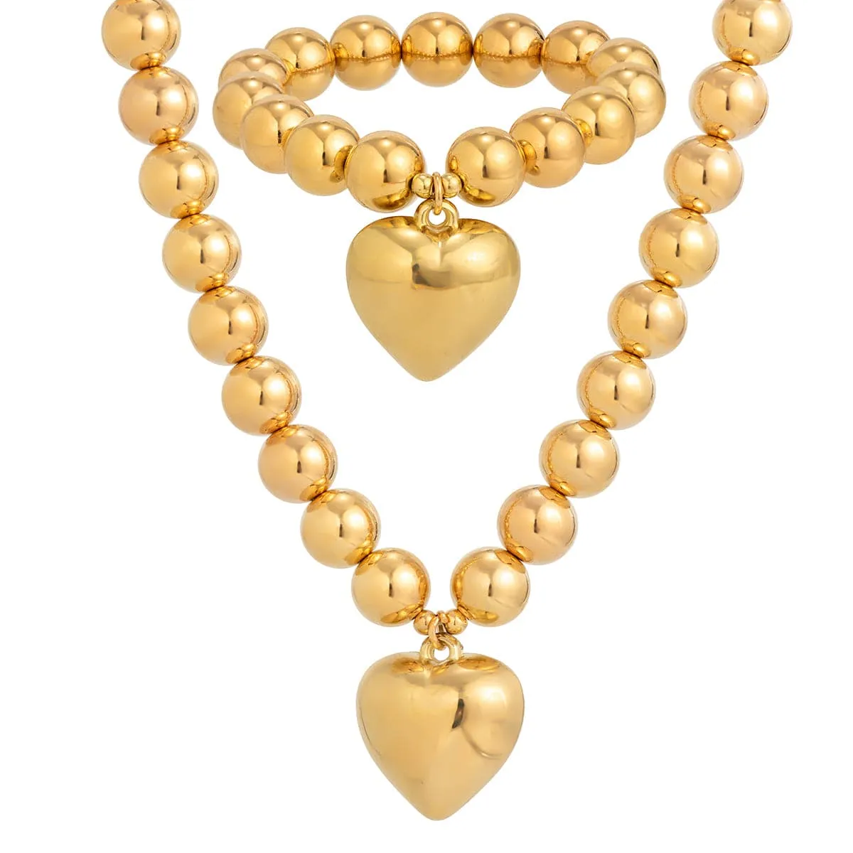 Trendy Heart Pendant Ball Chain Bracelet Necklace Set