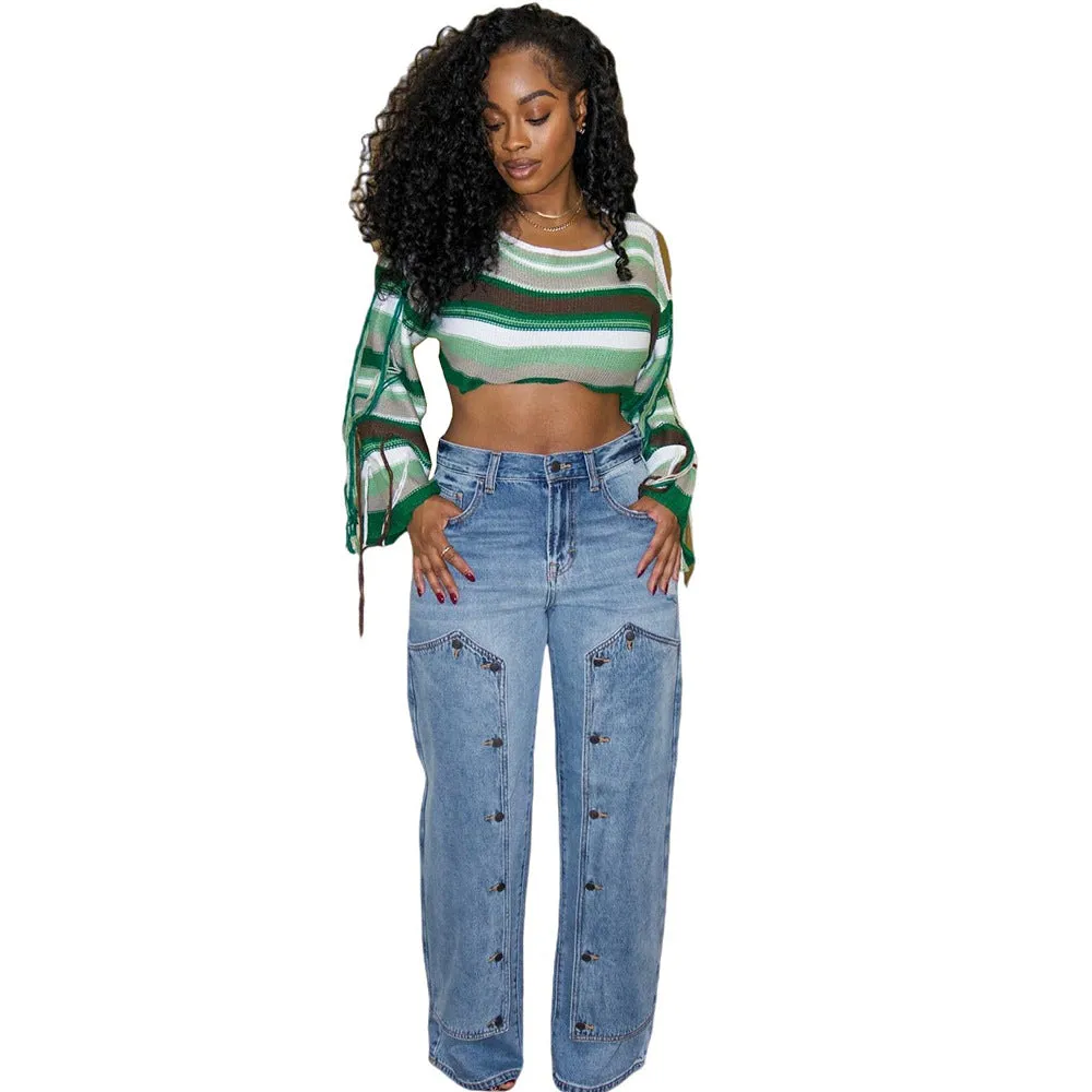 Trendy High-Waisted Button-Patch Wide-Leg Denim Jeans