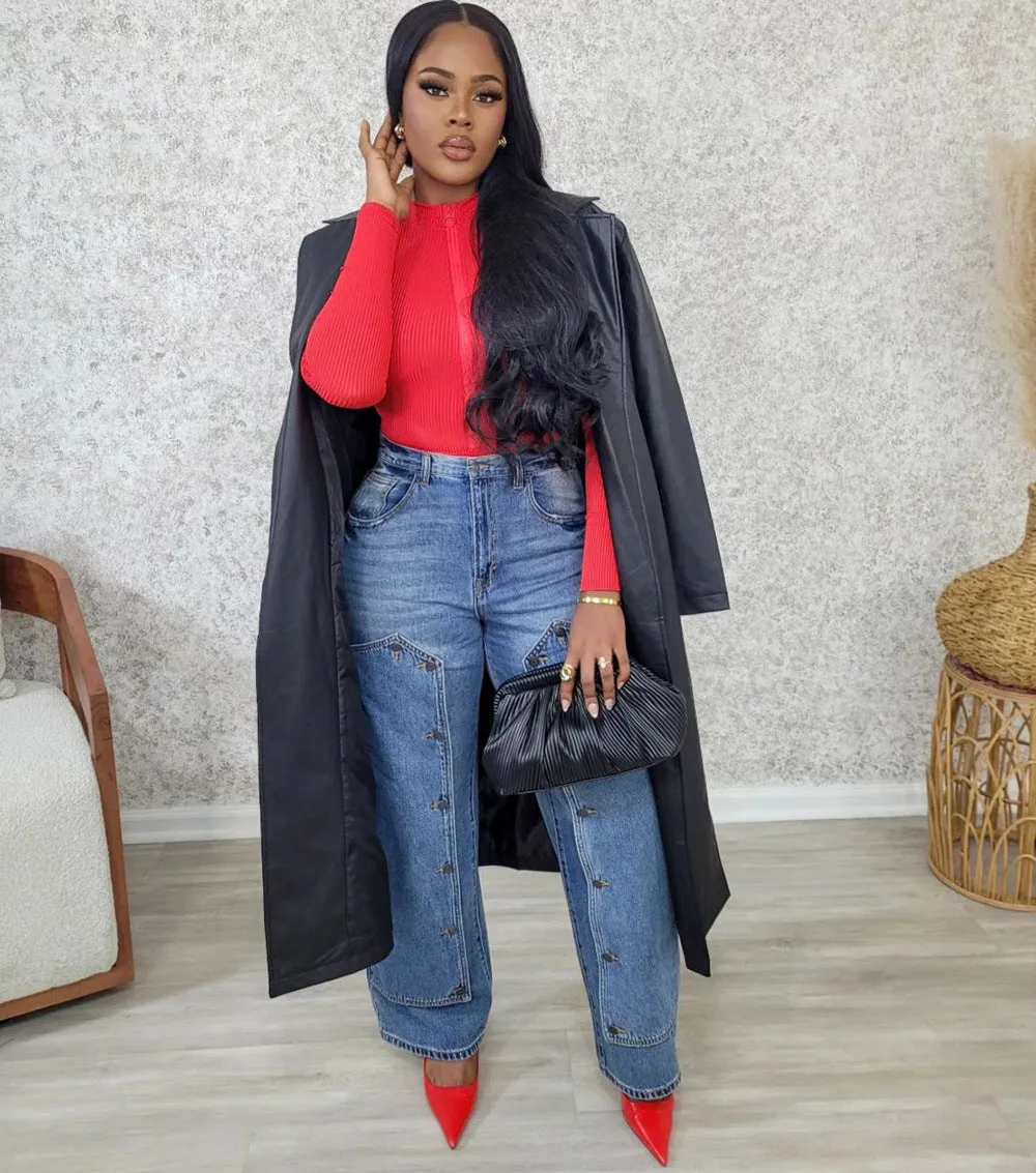 Trendy High-Waisted Button-Patch Wide-Leg Denim Jeans