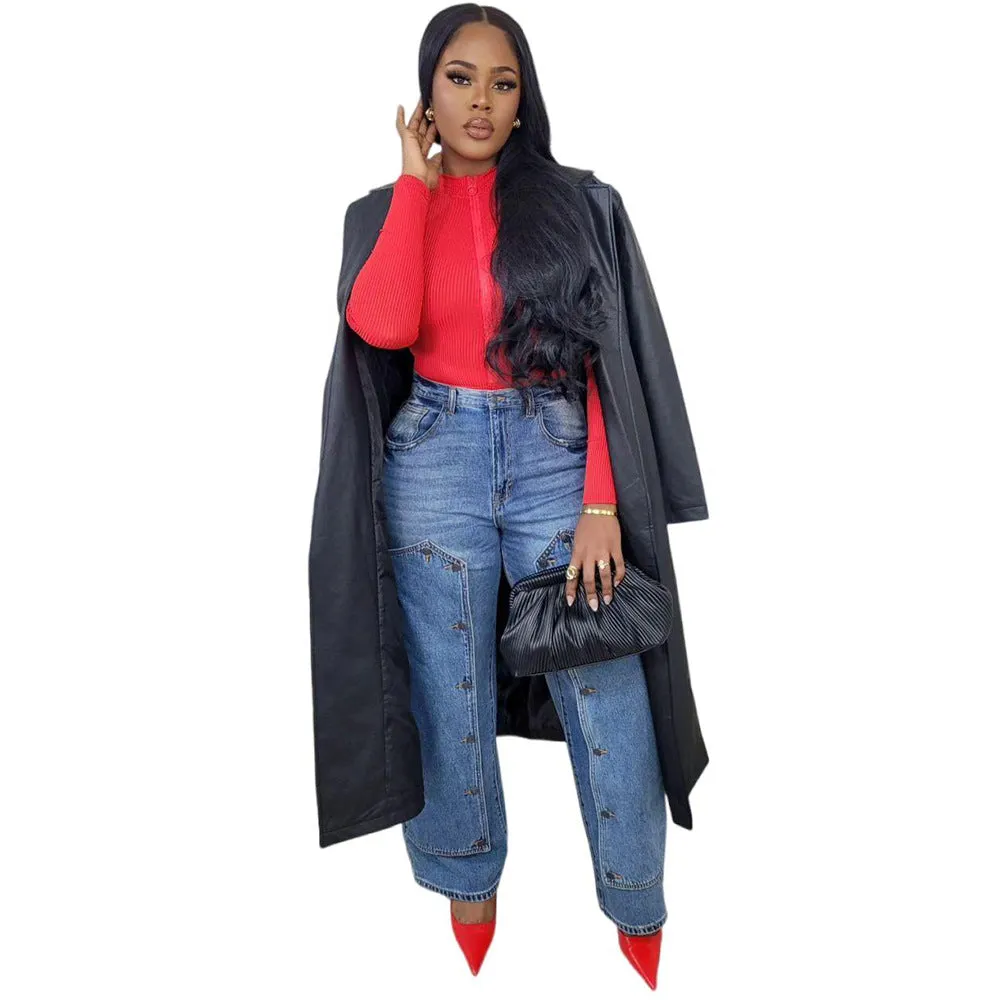 Trendy High-Waisted Button-Patch Wide-Leg Denim Jeans