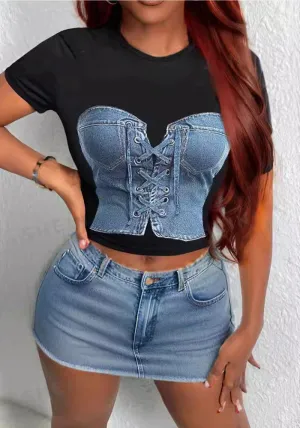 Trendy Illusion Denim Corset Graphic Short Sleeve Cropped Tee