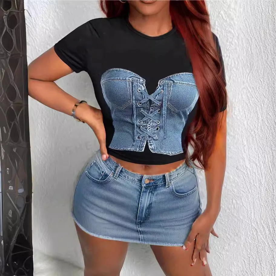 Trendy Illusion Denim Corset Graphic Short Sleeve Cropped Tee
