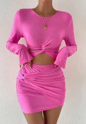 Trendy Long-Sleeve Crop Top and Elastic Waist Bodycon Skirt Set
