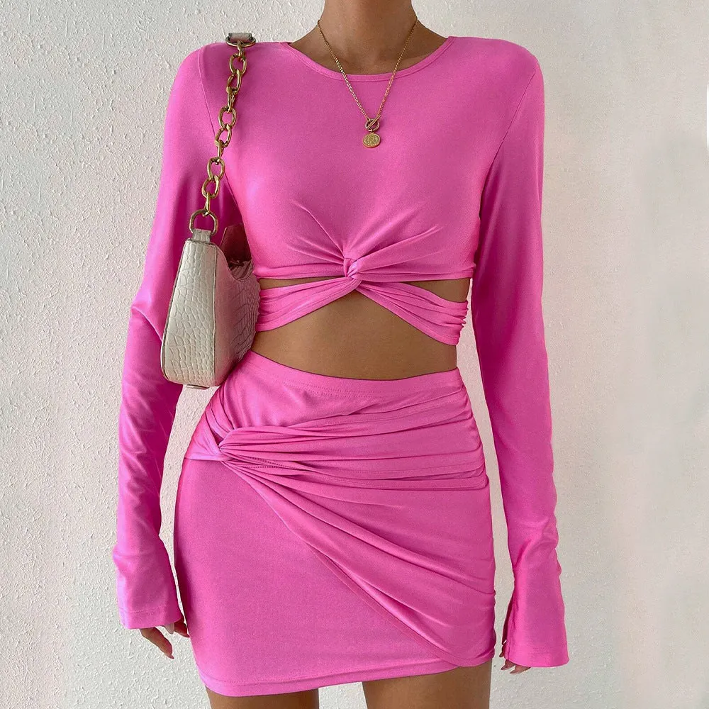 Trendy Long-Sleeve Crop Top and Elastic Waist Bodycon Skirt Set