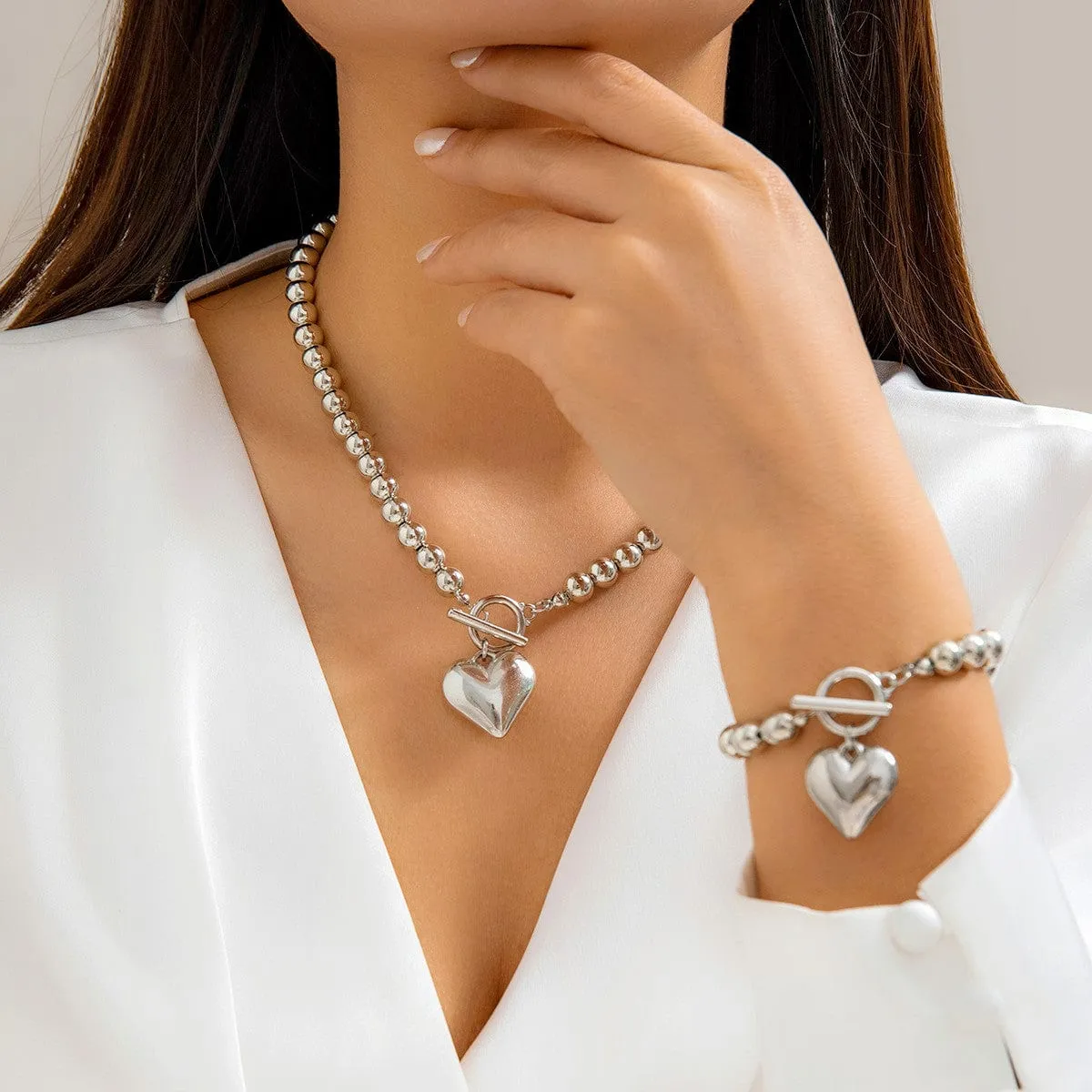 Trendy Toggle Clasp Heart Pendant Ball Chain Bracelet Necklace Set