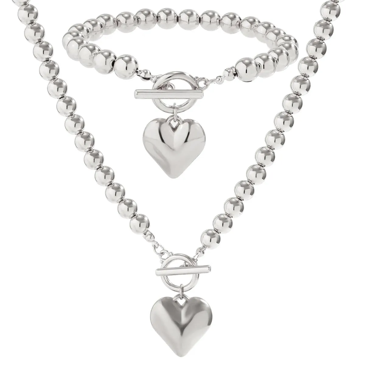 Trendy Toggle Clasp Heart Pendant Ball Chain Bracelet Necklace Set
