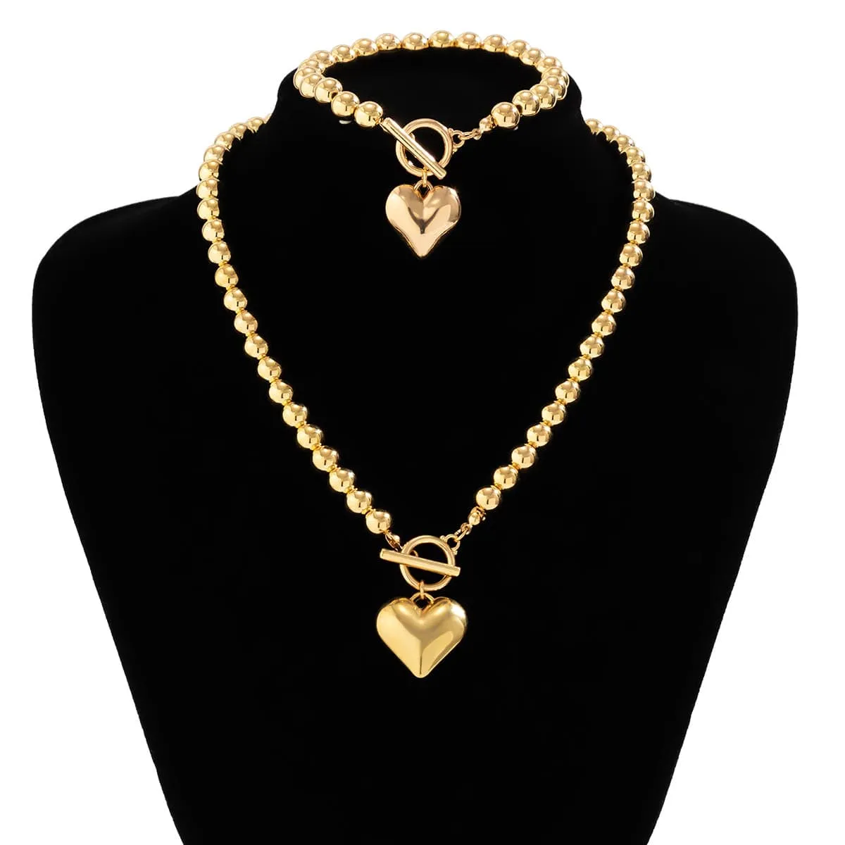 Trendy Toggle Clasp Heart Pendant Ball Chain Bracelet Necklace Set