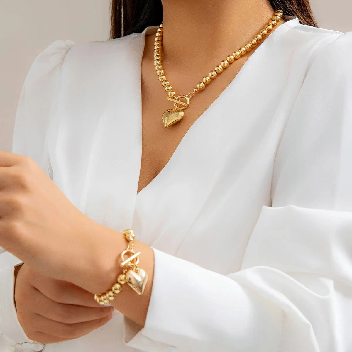 Trendy Toggle Clasp Heart Pendant Ball Chain Bracelet Necklace Set