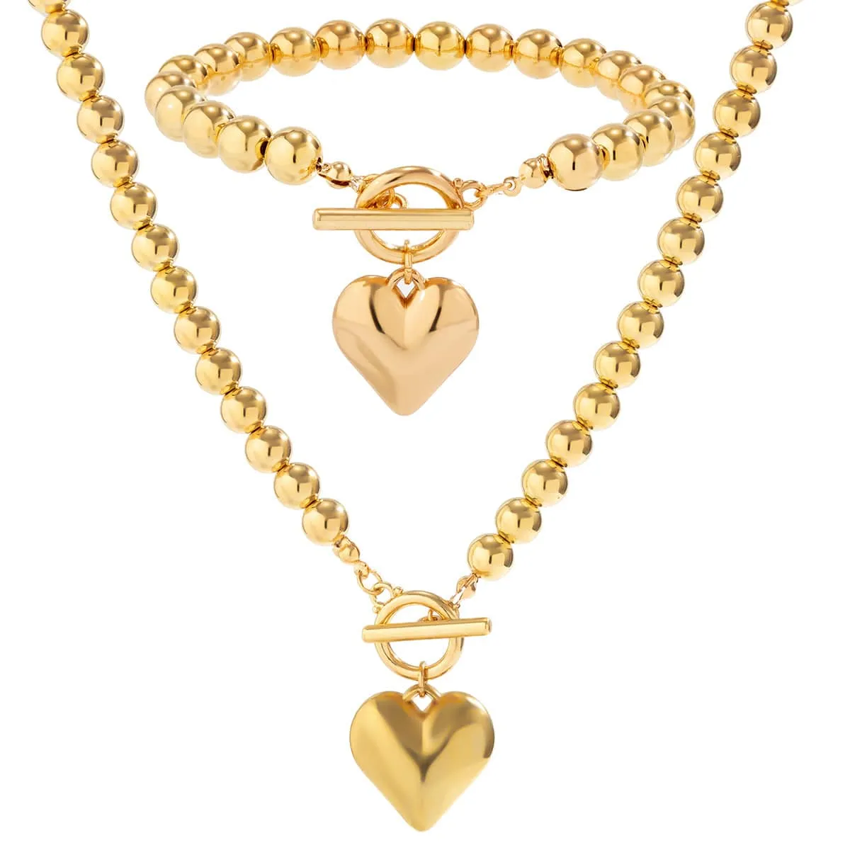 Trendy Toggle Clasp Heart Pendant Ball Chain Bracelet Necklace Set