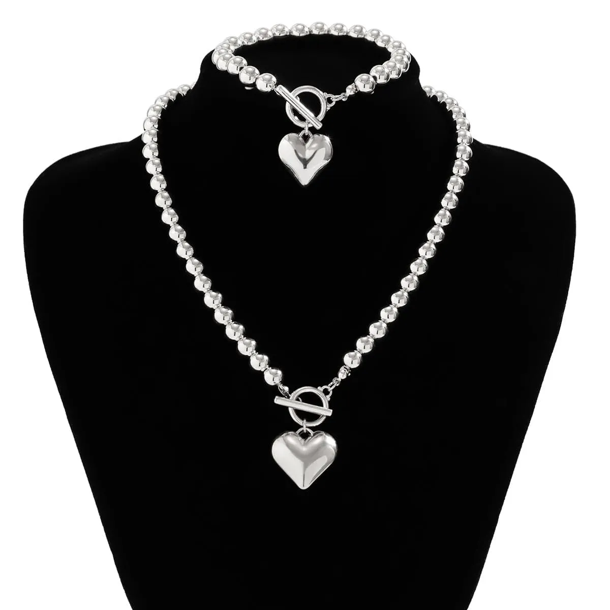Trendy Toggle Clasp Heart Pendant Ball Chain Bracelet Necklace Set