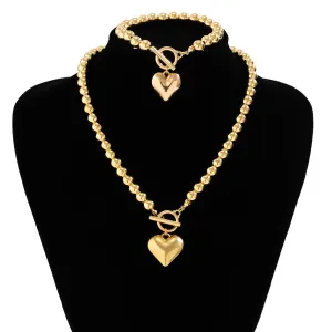 Trendy Toggle Clasp Heart Pendant Ball Chain Bracelet Necklace Set
