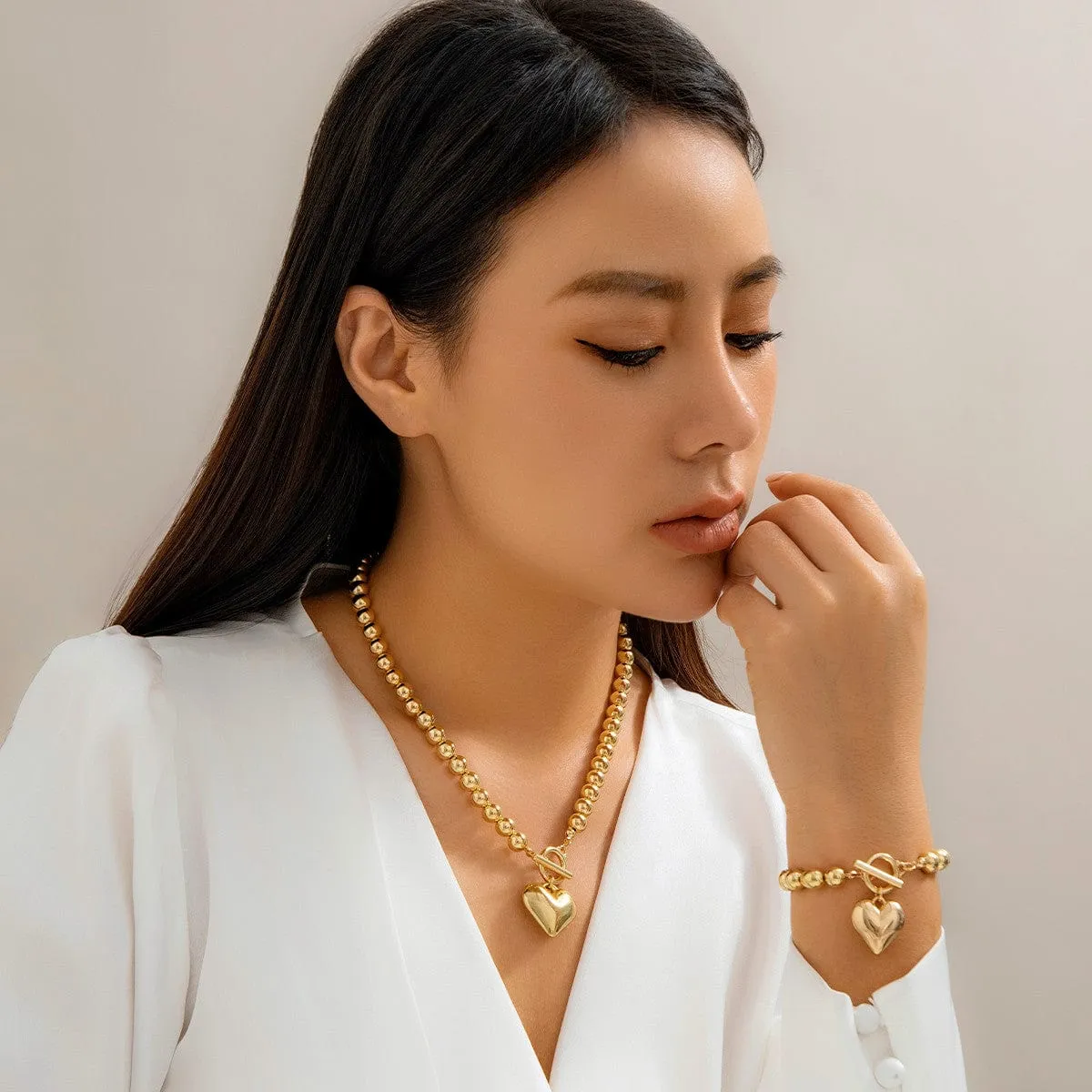 Trendy Toggle Clasp Heart Pendant Ball Chain Bracelet Necklace Set