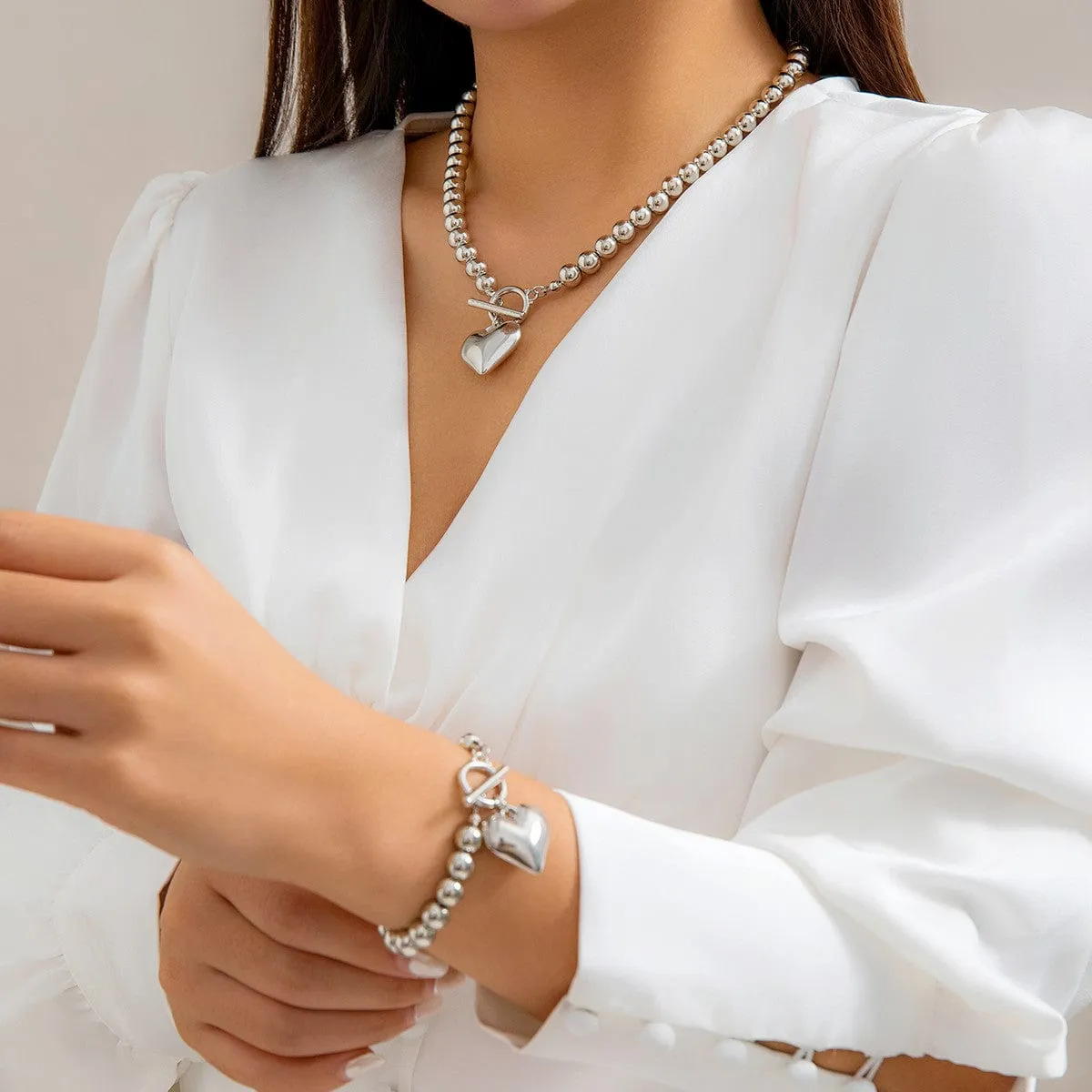 Trendy Toggle Clasp Heart Pendant Ball Chain Bracelet Necklace Set