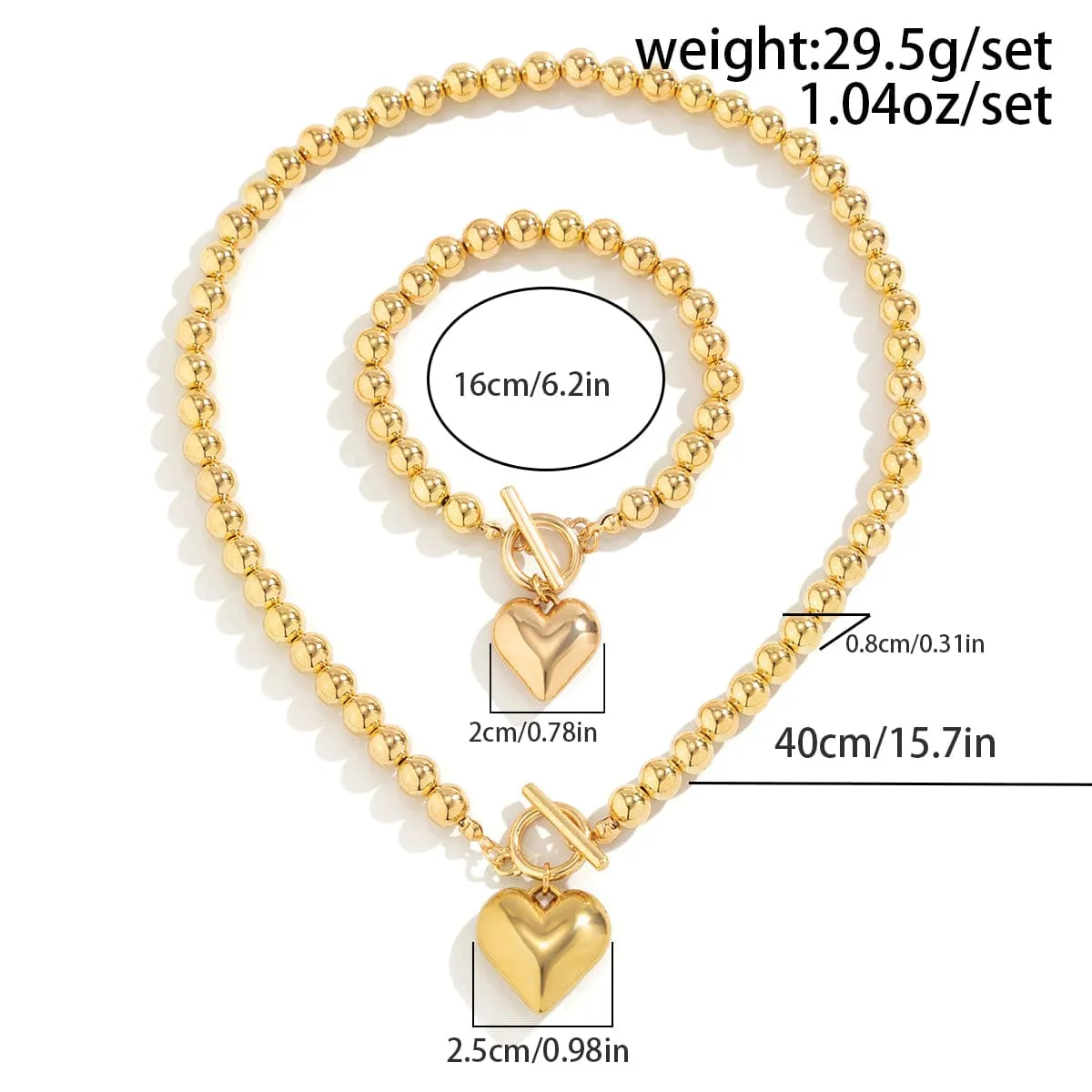 Trendy Toggle Clasp Heart Pendant Ball Chain Bracelet Necklace Set