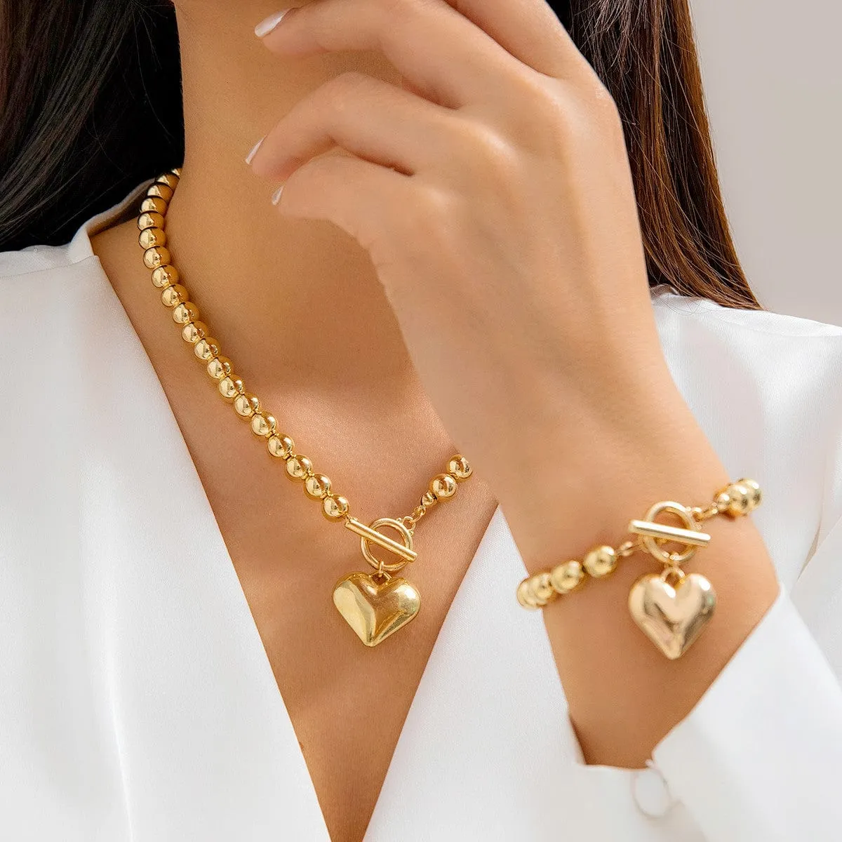 Trendy Toggle Clasp Heart Pendant Ball Chain Bracelet Necklace Set